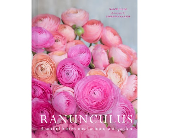 Book cover with pink and orange ranunculus flowers and text about the book.