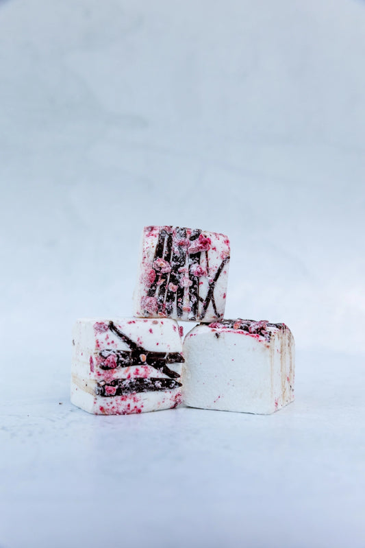 Handcrafted raspberry marshmallows swirled with dark chocolate