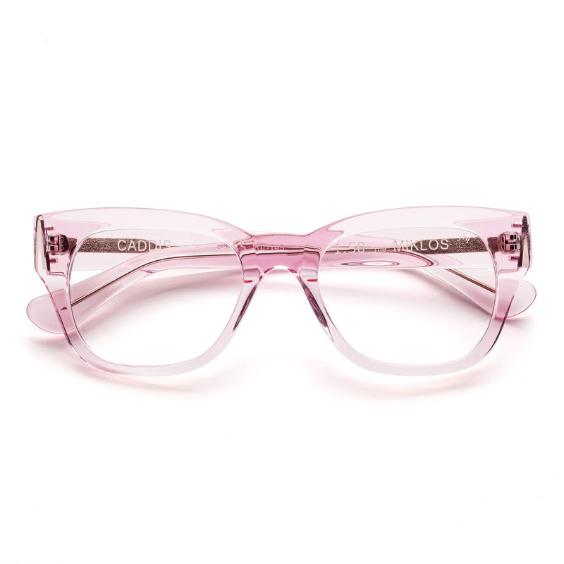 Caddis Readers Miklos Polished Clear Pink glasses with blue light lenses