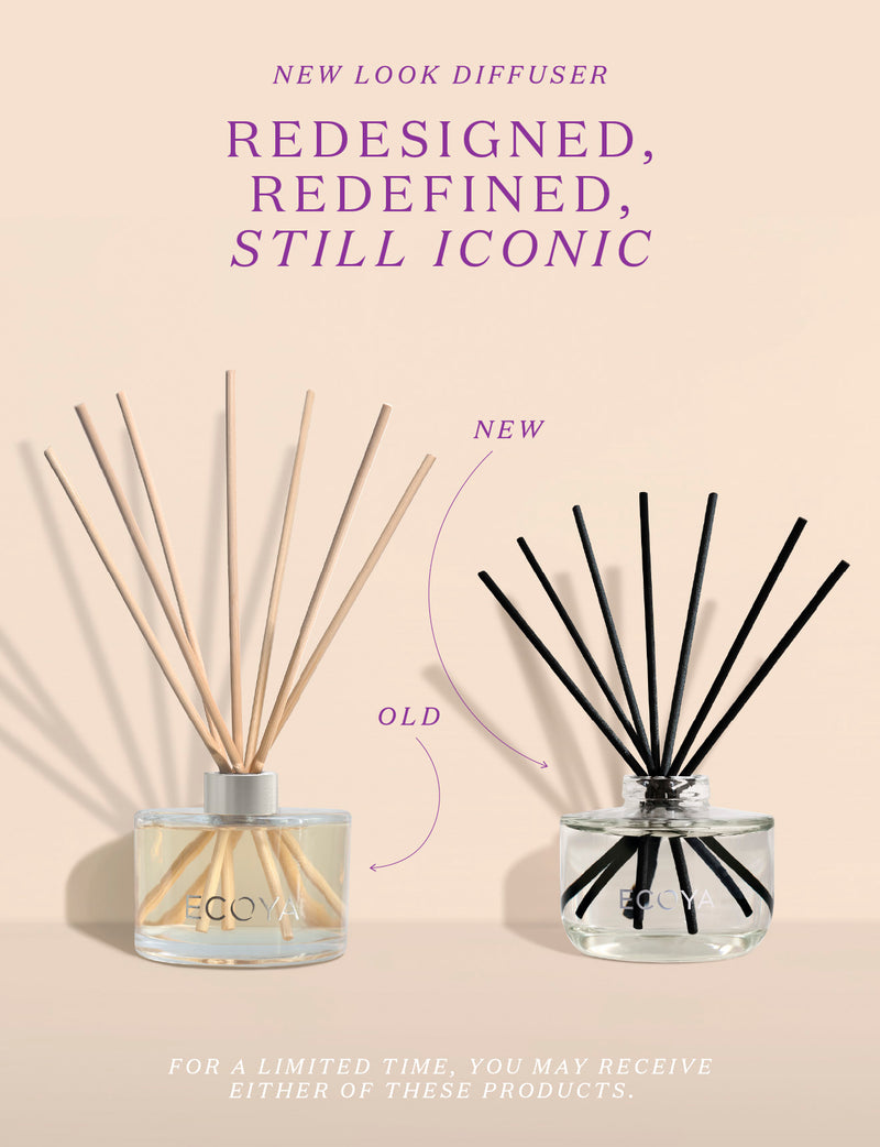 Two diffuser bottles with sticks, one labeled 'Old' and the other 'New', on a beige background.
