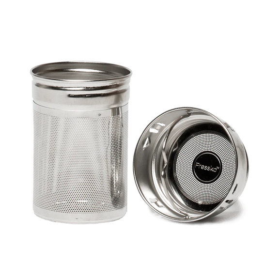 Stainless steel tea infuser with mesh design on a white background