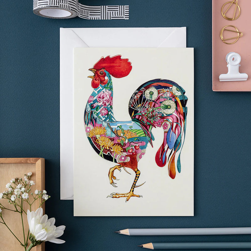 Watercolour rooster card, blank inside with envelope