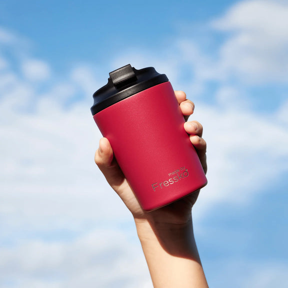 Bino 8oz Rouge reusable cup styled for sustainable everyday coffee