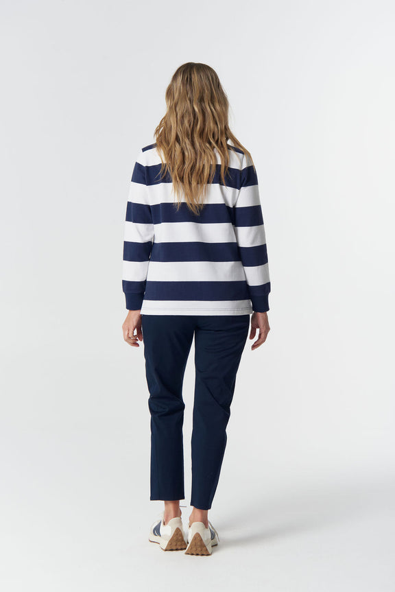 Women's navy and white striped brushed cotton rugby top.