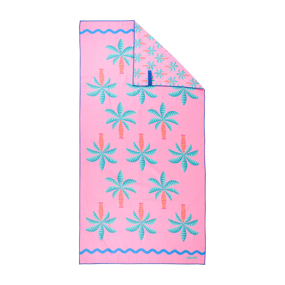 Fiesta Palm pink sand free towel with blue palm print 