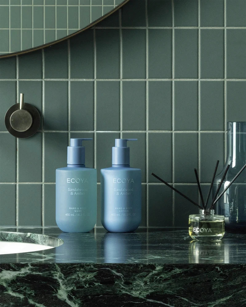 ECOYA botanical hand and body wash with Sandalwood & Amber fragrance.