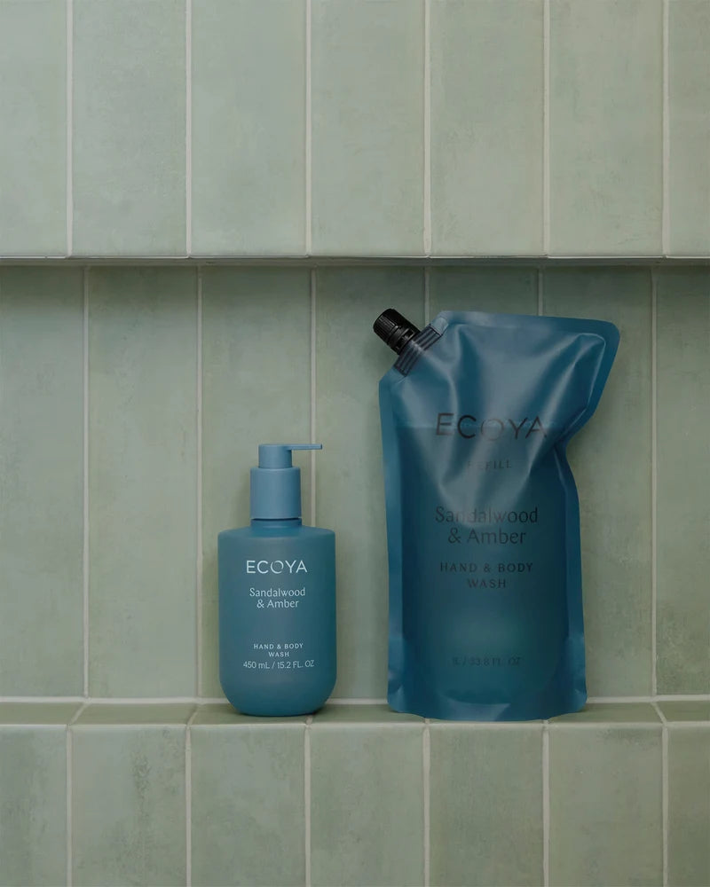 ECOYA Sandalwood & Amber cleansing wash in a designer bottle.