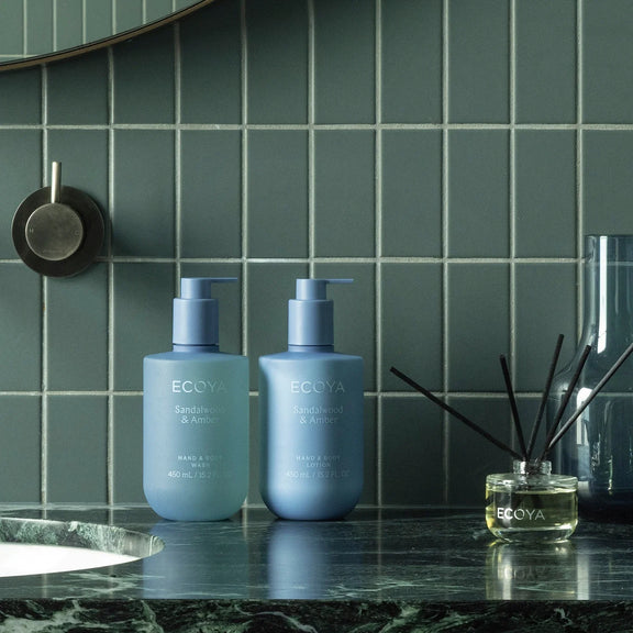 ECOYA botanical hand and body lotion with Sandalwood & Amber fragrance.