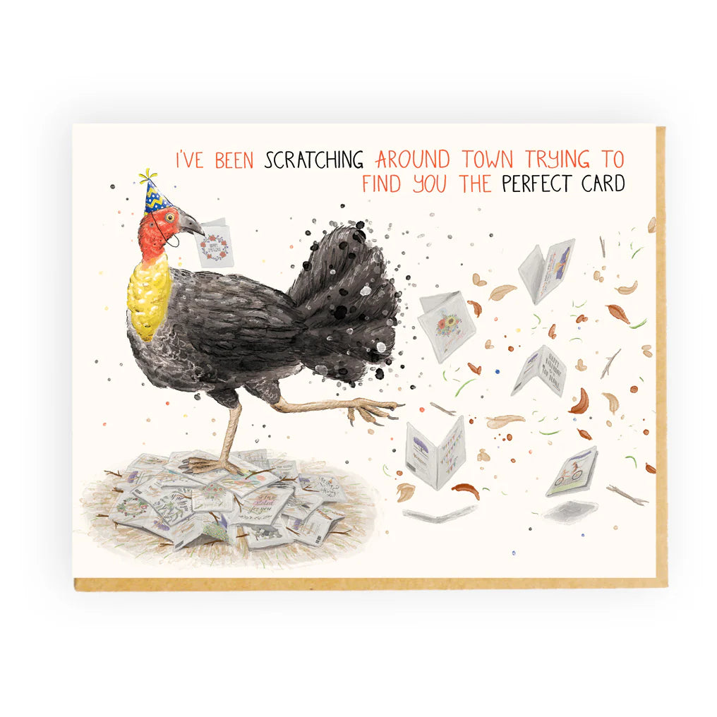 Card with a bush turkey character and humorous text on a white background