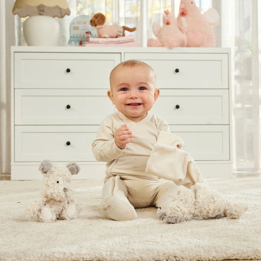 Scruff the Dog baby comforter made from soft ruffle faux fur.