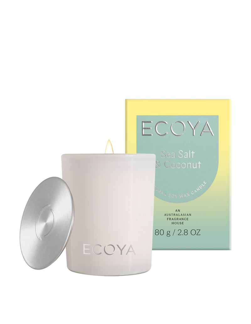 Ecoya Sea Salt and Coconut Mini Madison soy candle in a small glass jar.