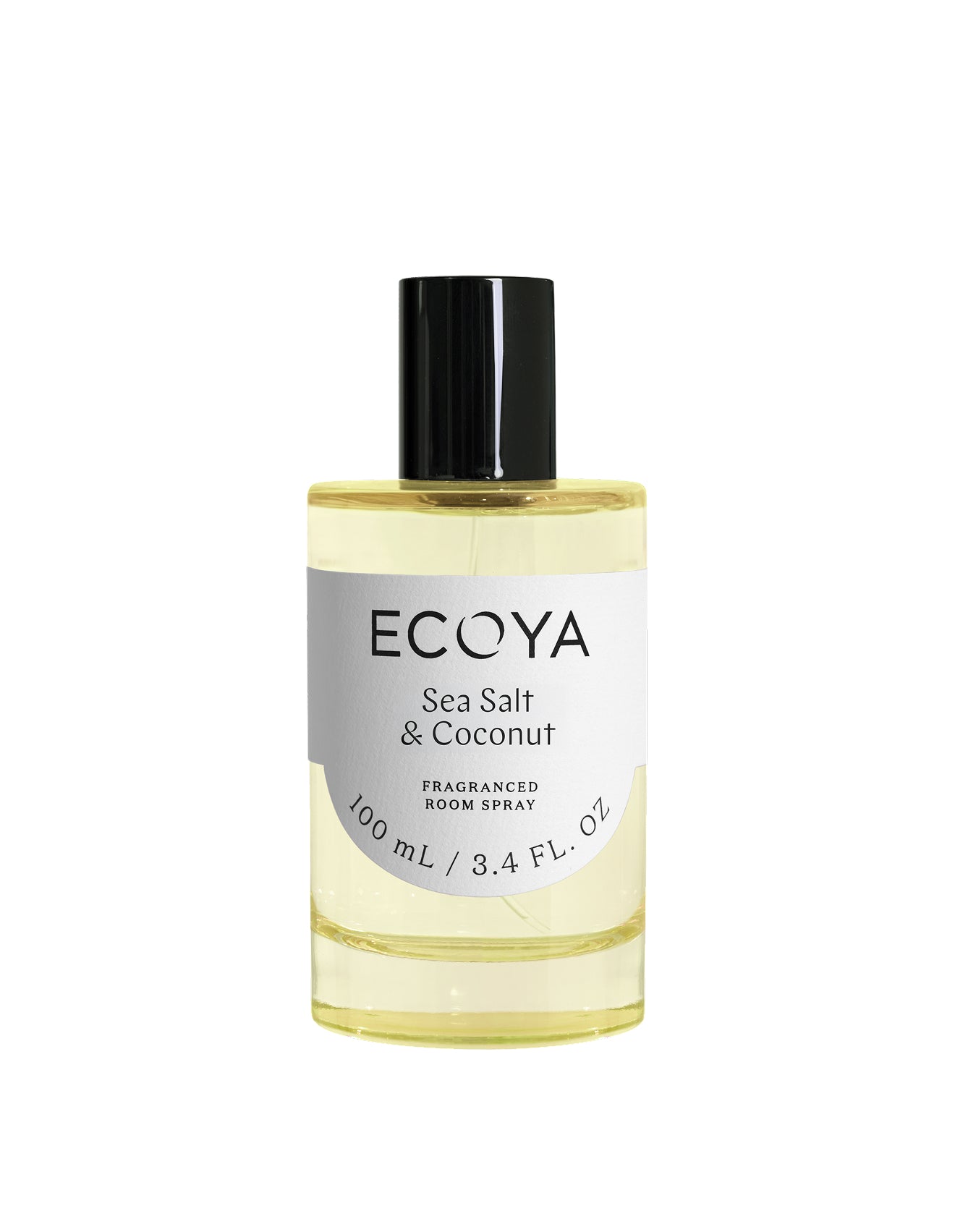 Ecoya Sea Salt and Coconut room spray in a coloured glass bottle with a black cap.