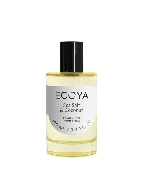 Ecoya Sea Salt and Coconut room spray in a coloured glass bottle with a black cap.