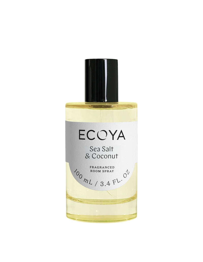 Ecoya Sea Salt and Coconut room spray in a coloured glass bottle with a black cap.