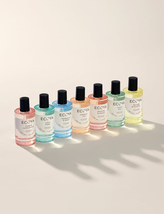 Ecoya Sea Salt and Coconut room spray with contemporary glass bottle and textured label.
