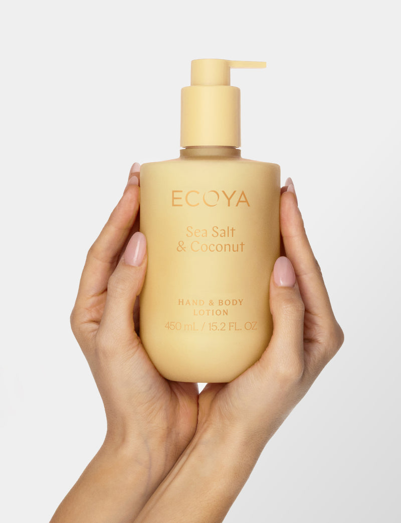 Premium Ecoya 450ml moisturising hand and body lotion with Sea Salt and Coconut fragrance.