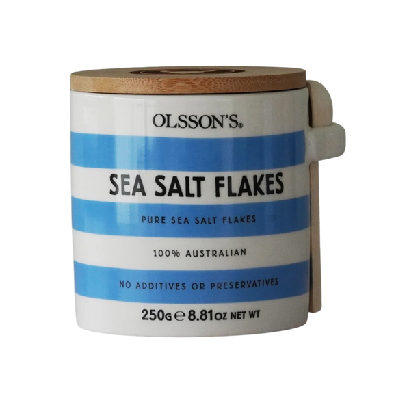 Olsson’s Sea Salt Flakes in 250 g white stoneware jar
