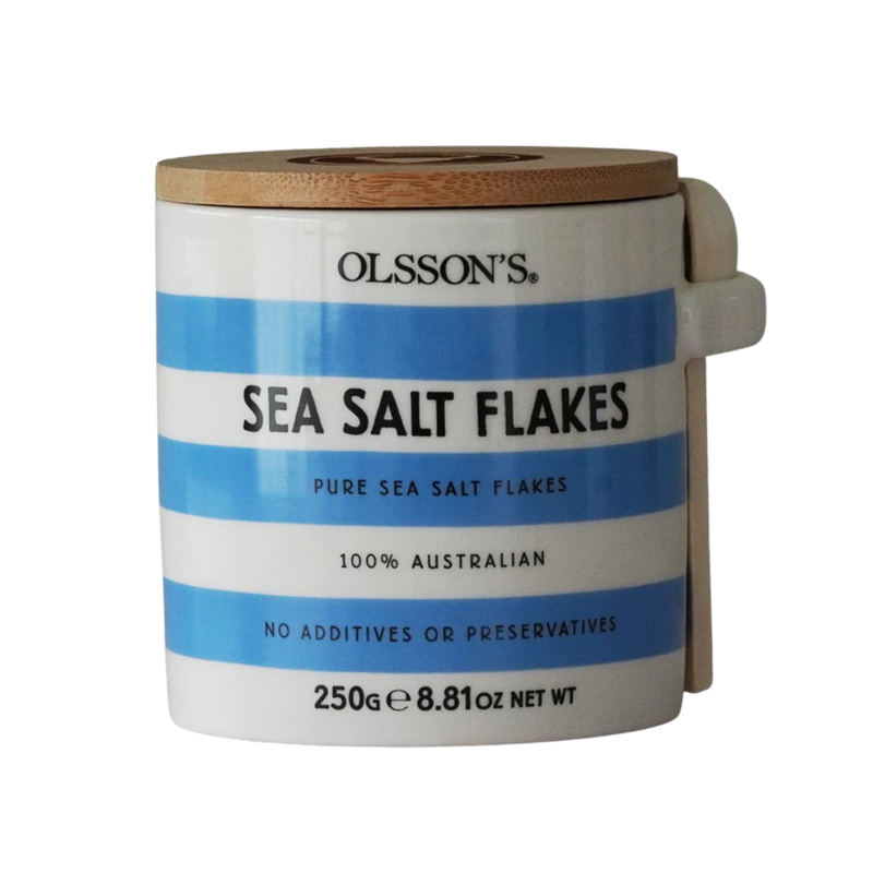 Olsson’s Sea Salt Flakes in 250 g white stoneware jar
