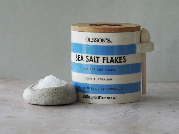 Close up of Olsson’s sea salt flakes showing delicate crystal texture