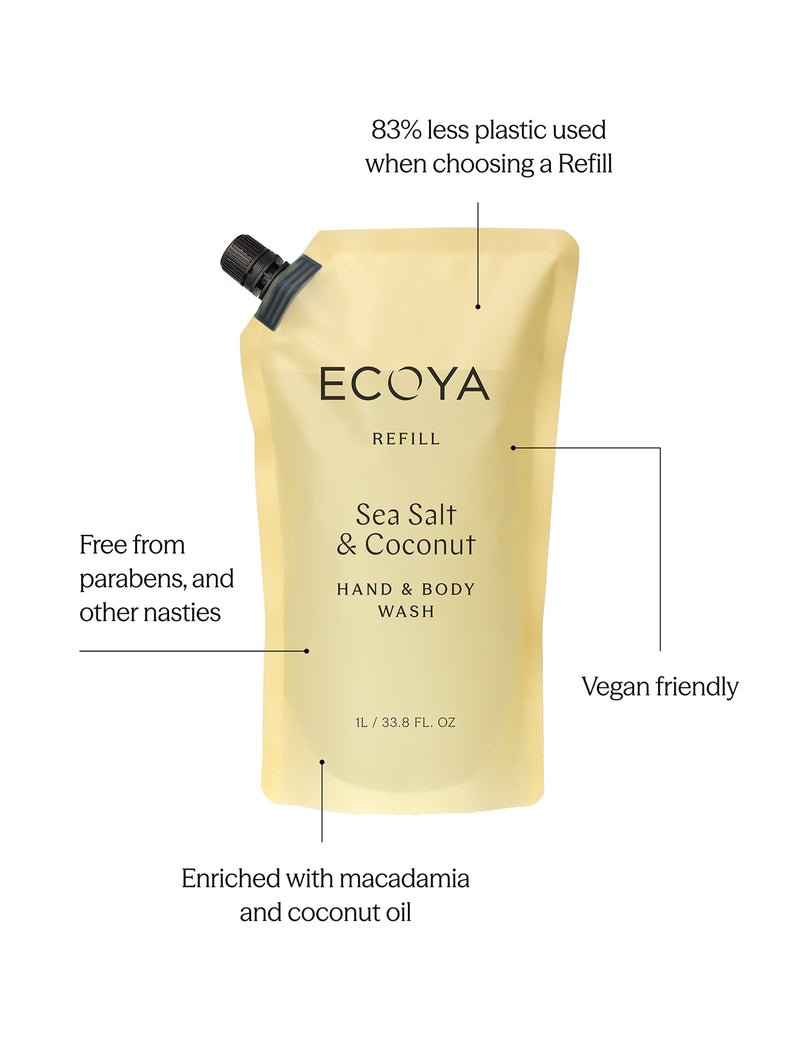 Premium Ecoya 1L botanical hand and body wash refill with Sea Salt and Coconut fragrance.