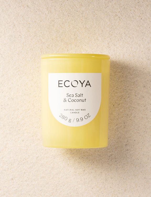 Premium 280g Ecoya Sea Salt and Coconut natural soy wax candle in a contemporary glass jar.