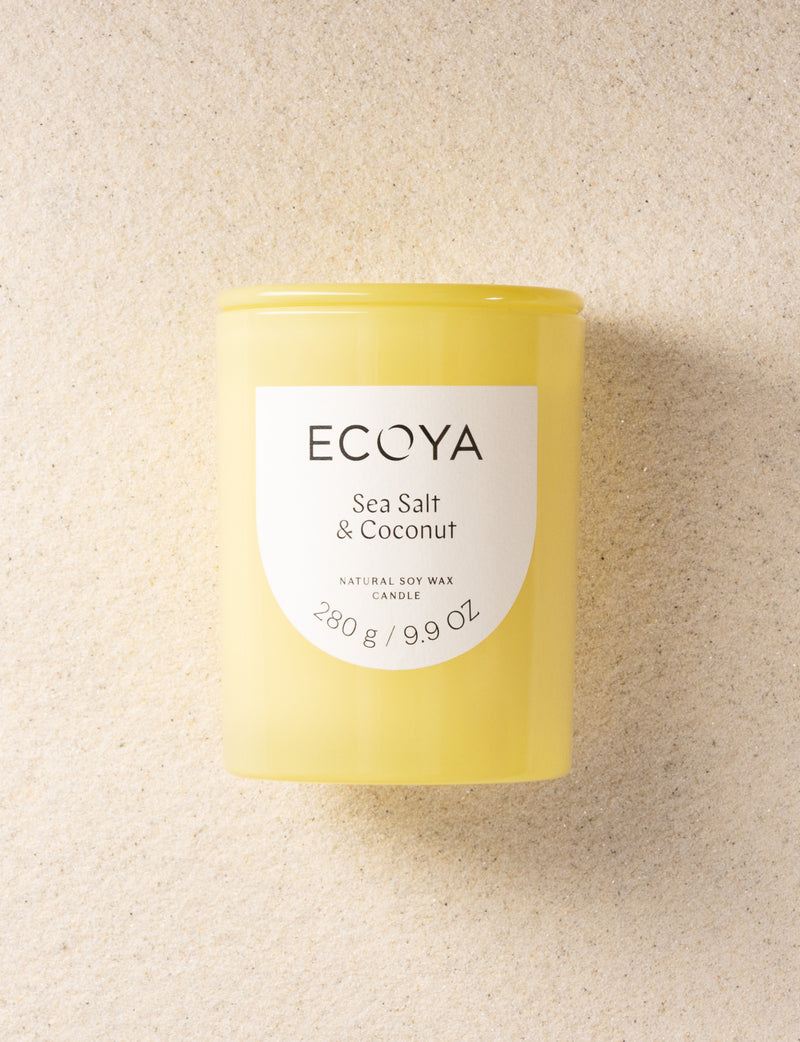 Premium 280g Ecoya Sea Salt and Coconut natural soy wax candle in a contemporary glass jar.