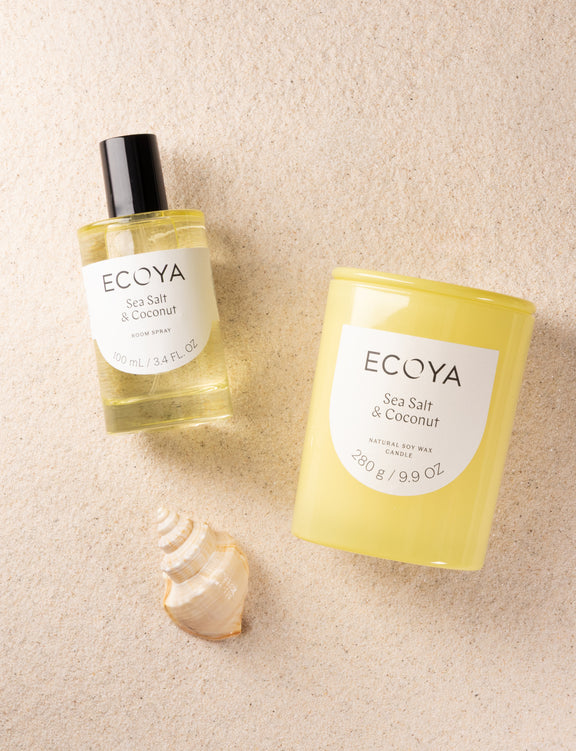 Ecoya Metro Candle with Sea Salt and Coconut floral amber fragrance for home fragrance.