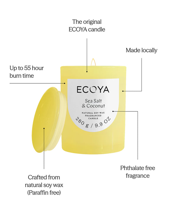 Luxury Sea Salt and Coconut soy candle in a coloured glass vessel for home décor and gifting.