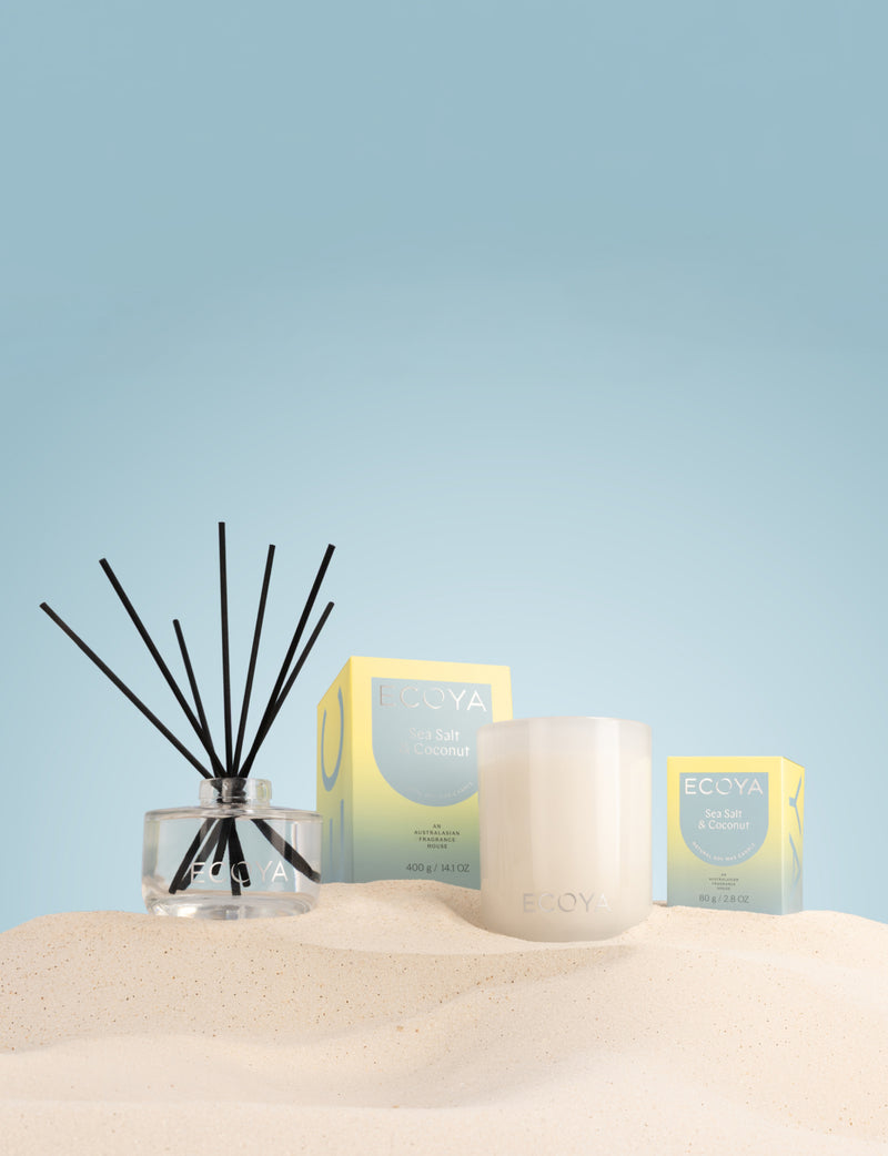 Ecoya Mini Reed Diffuser featuring Sea Salt and Coconut fragrance in a sleek glass vessel.