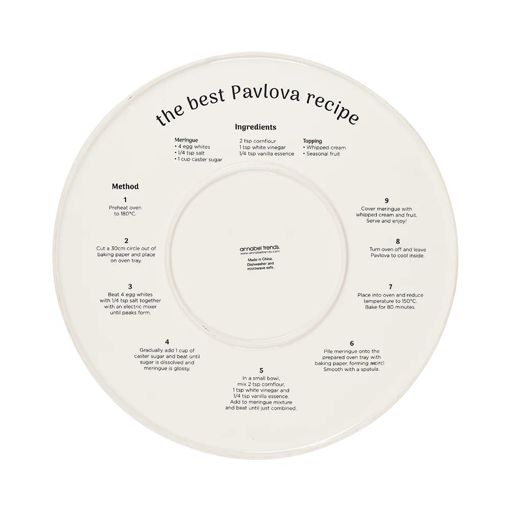 Back of Colourful boxed pavlova plate – perfect for summer entertaining. SHowing pavlova recipe
