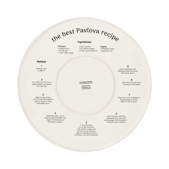 Back of Colourful boxed pavlova plate – perfect for summer entertaining. SHowing pavlova recipe