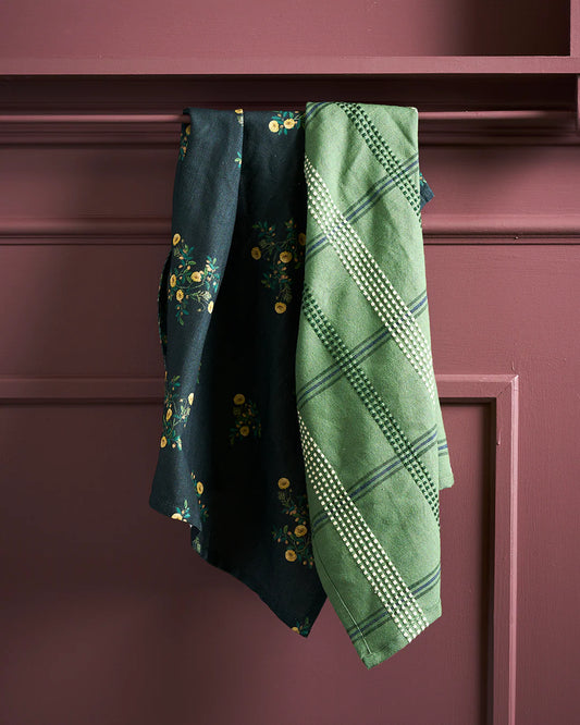 Navy floral kitchen tea towel with coordinating green towel