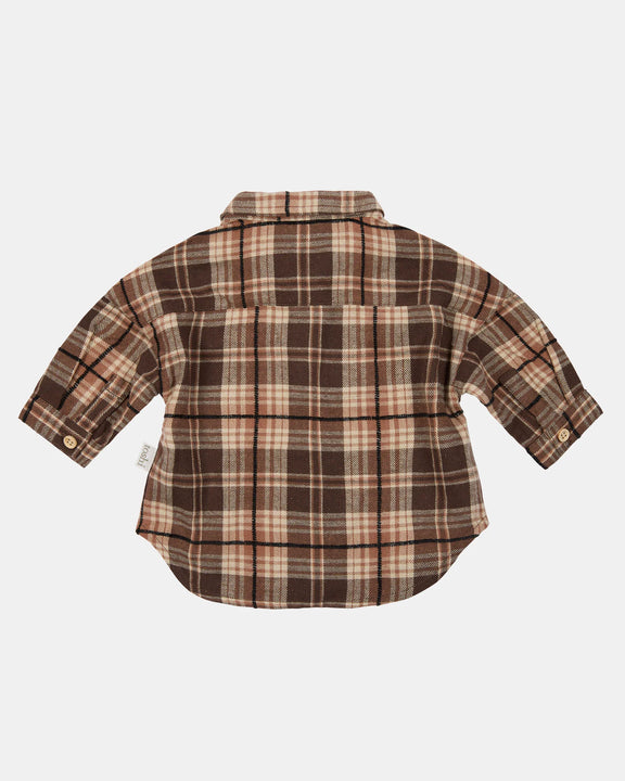 Plaid shirt with brown and beige pattern on a white background