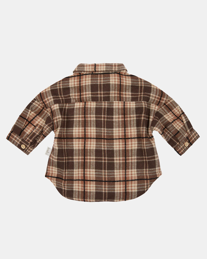 Plaid shirt with brown and beige pattern on a white background