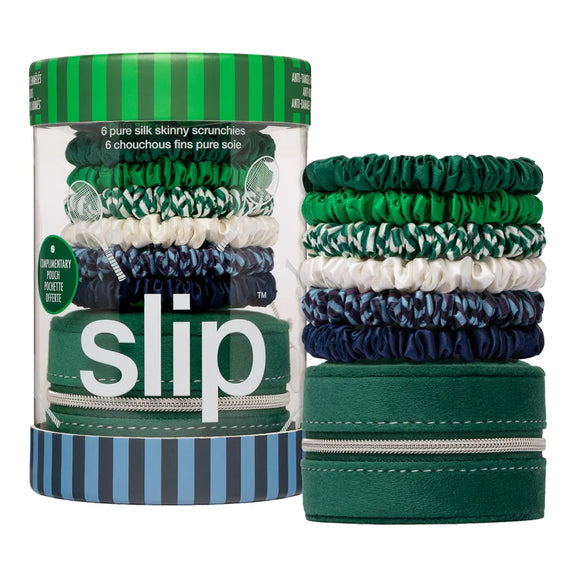 Slip® pure silk skinny scrunchie set in white, green and navy tones with reusable velvet storage pouch.