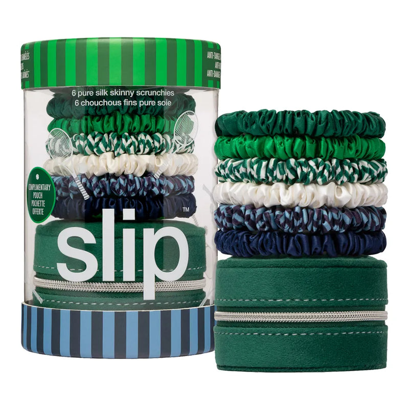 Slip® pure silk skinny scrunchie set in white, green and navy tones with reusable velvet storage pouch.