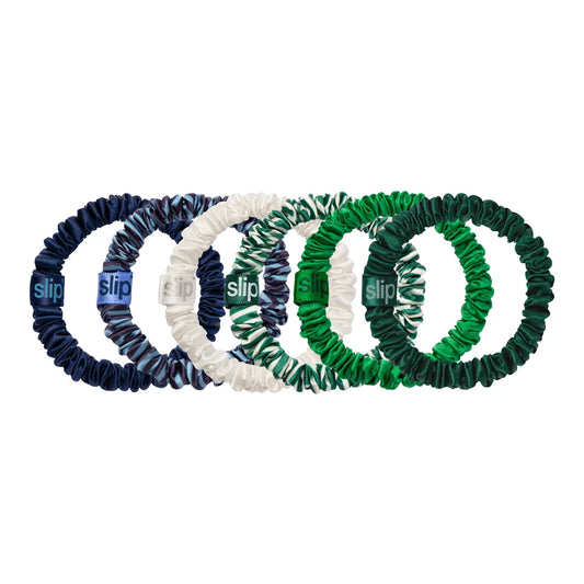 Slip® pure silk skinny scrunchie set in white, green and navy tones 