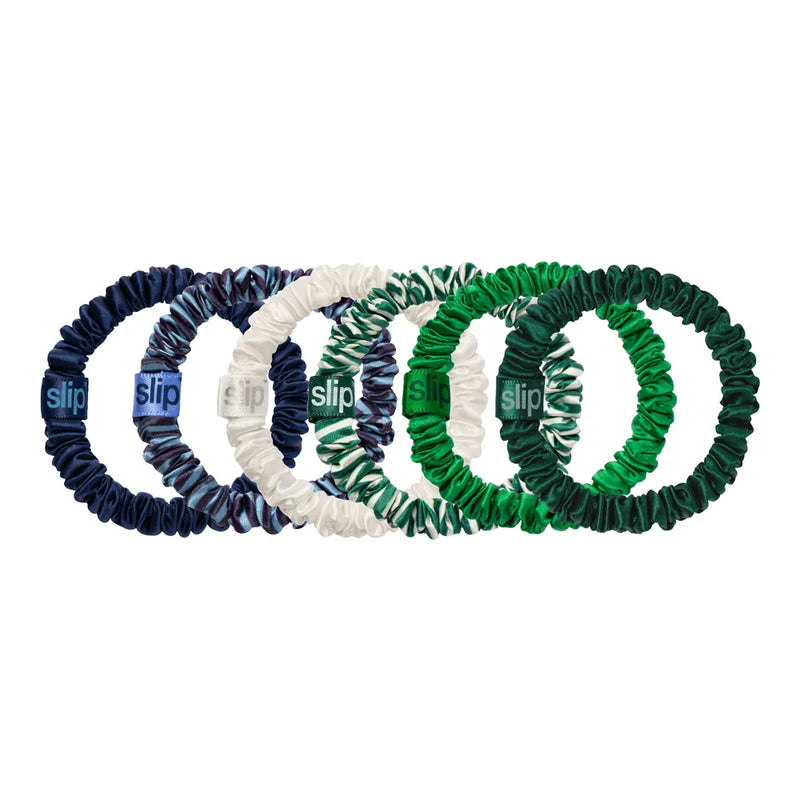 Slip® pure silk skinny scrunchie set in white, green and navy tones 