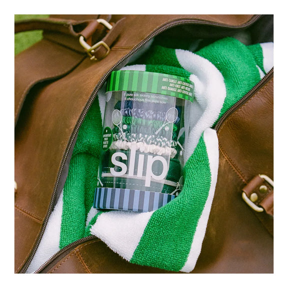 Six 22 momme mulberry silk skinny scrunchies by Slip® designed for gentle everyday hair styling.