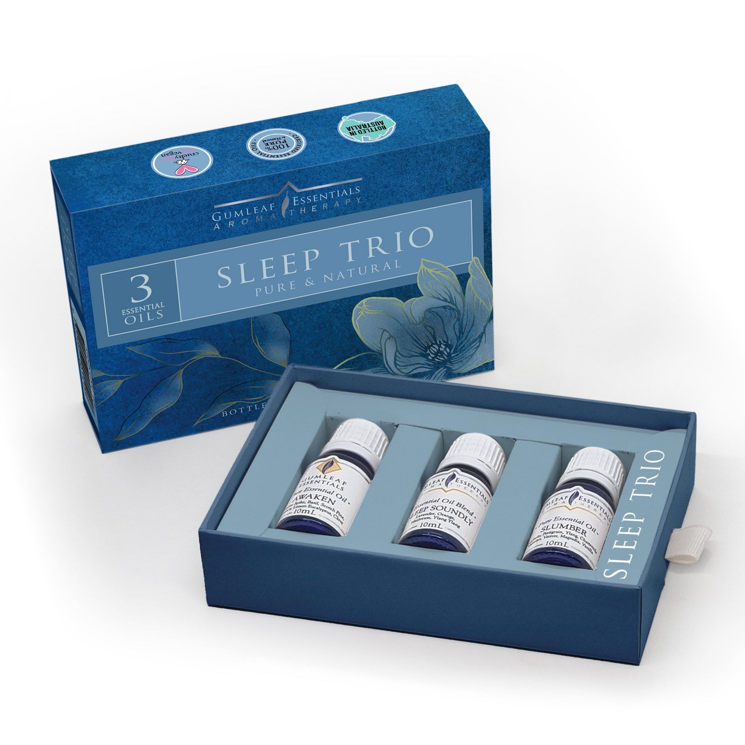Gumleaf Essentials Sleep Trio essential oil gift set featuring Awaken, Sleep Soundly and Slumber blends.