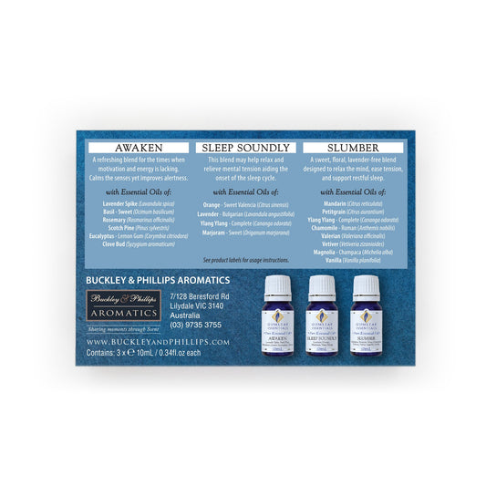 Australian bottled aromatherapy gift box containing three 10ml essential oil blends.