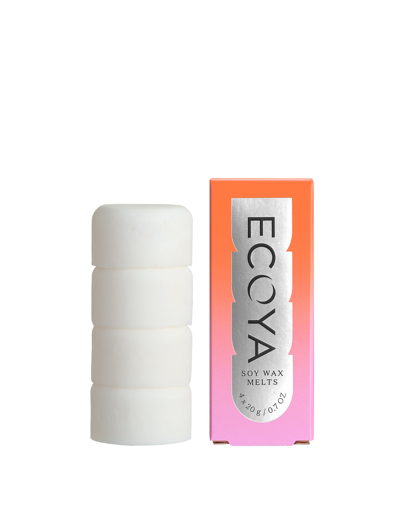 Ecoya soy wax melts packaging with a white wax melt on a white background - mandarin gin fragrance