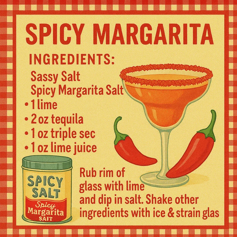 Vintage-style recipe poster for Spicy Margarita featuring a margarita glass filled with orange-red drink, red chili peppers, a jar of spicy salt, and text listing ingredients and preparation steps on a cream background with red border.