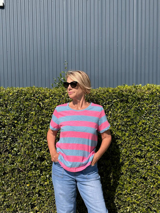 Spritz Stripe Short Sleeve Tee – Dusk Blue & Pink Stripe Cotton T-Shirt