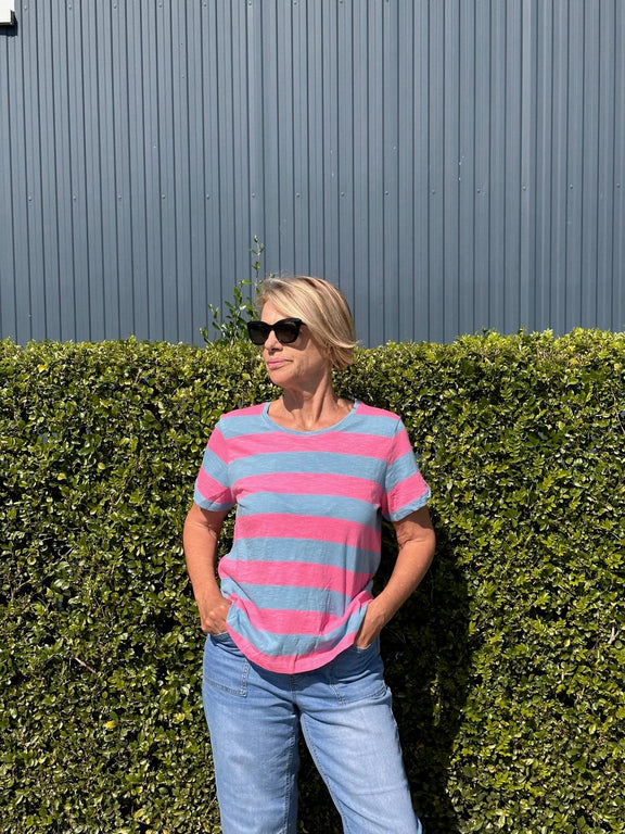 Spritz Stripe Short Sleeve Tee – Dusk Blue & Pink Stripe Cotton T-Shirt