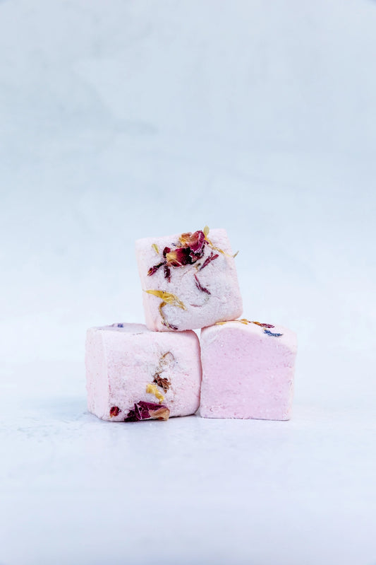 Handcrafted rosewater marshmallows with freeze dried strawberries