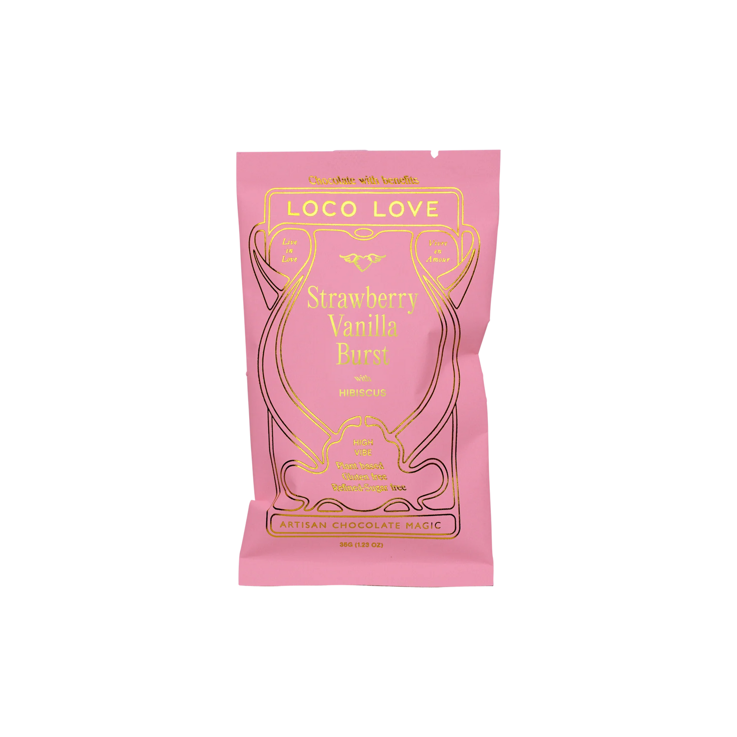 Loco Love Strawberry Vanilla Burst single dark chocolate with a soft strawberry centre.