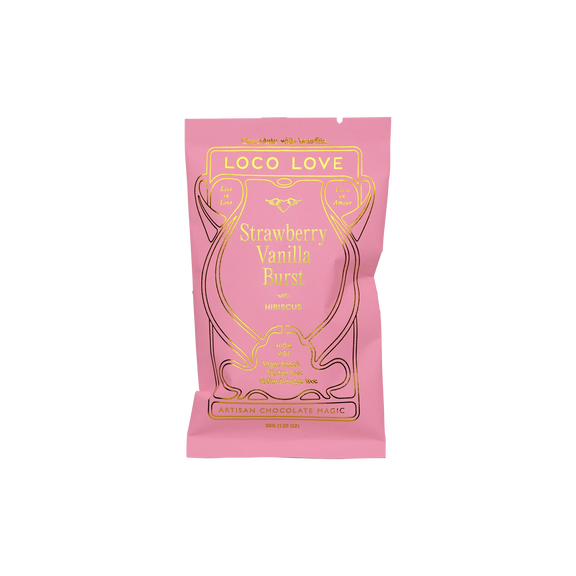 Loco Love Strawberry Vanilla Burst single dark chocolate with a soft strawberry centre.
