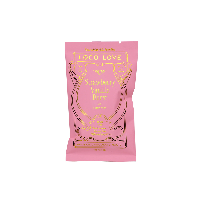 Loco Love Strawberry Vanilla Burst single dark chocolate with a soft strawberry centre.