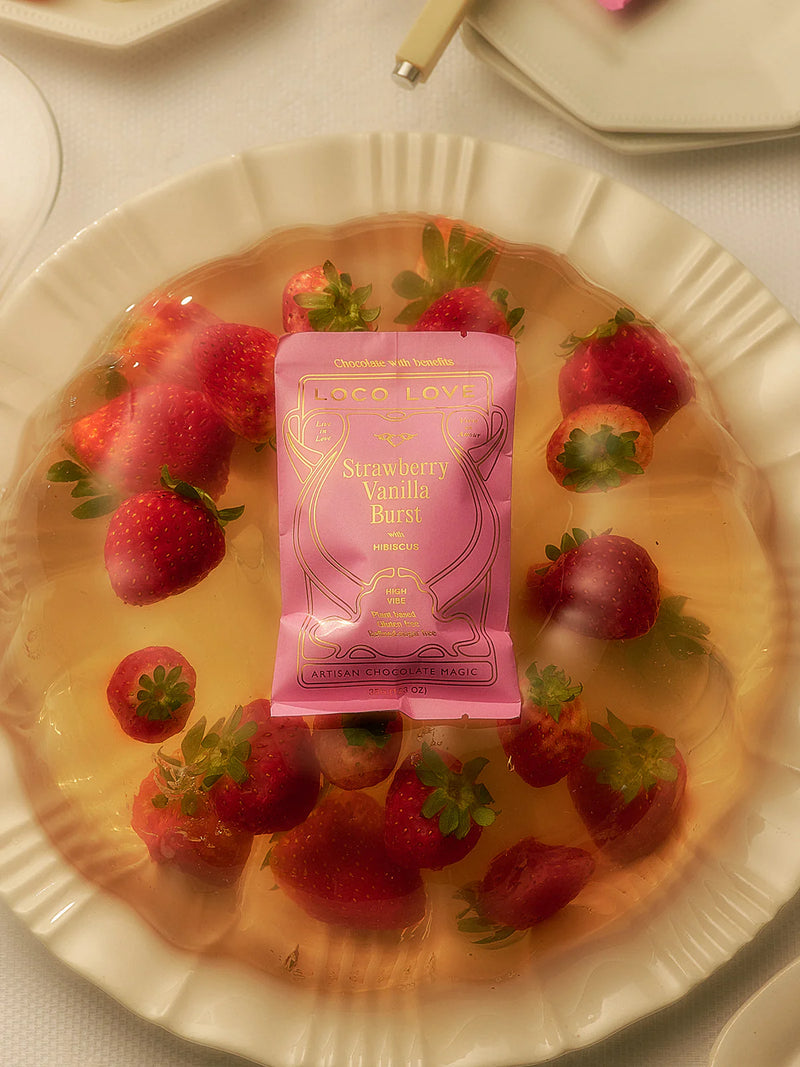 Loco Love Strawberry Vanilla Burst made with organic cacao and real strawberry.